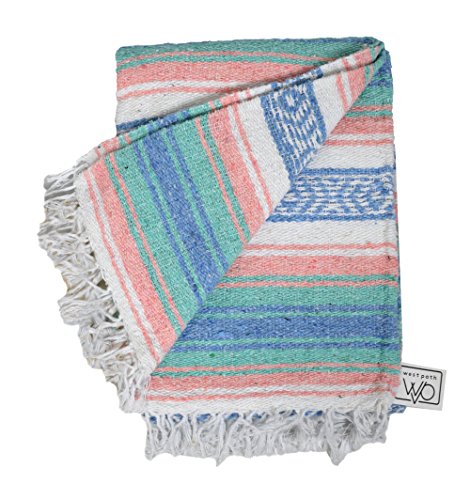 Open Road Goods Light Teal and Coral Mexican Blanket - Authentic Mexican Flasa - Great Yoga Blanket, Beach Blanket, Picnic Blanket, or Mexican Throw! Handwoven