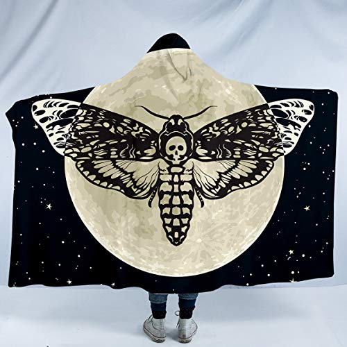 Sleepwish Death Moth Hooded Blanket Hawk Moth Skull Sherpa Fleece Blanket with Hood Black Galaxy Star Print Blankets for Kids Teens Boys Men Gothic (Adults 60"x 80")