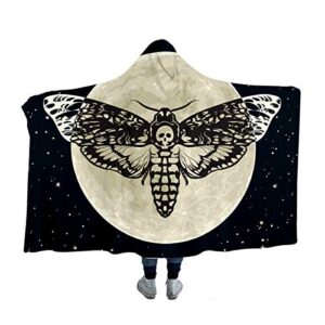 Sleepwish Death Moth Hooded Blanket Hawk Moth Skull Sherpa Fleece Blanket with Hood Black Galaxy Star Print Blankets for Kids Teens Boys Men Gothic (Adults 60"x 80")