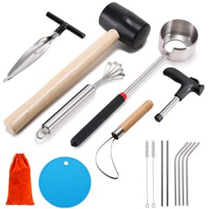 coconut opener tool set, safe & easy to open young & mature coconuts tool, food grade stainless steel coco nut opener kit with rubber mallet meat removal, scraper, straw & silicone mat, all in one bag