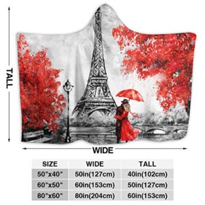 JASMODER Eiffel Tower Paris Love Couple Hoodie Blanket Wearable Throw Blankets for Couch Blanket Hooded for Baby Kids Men Women