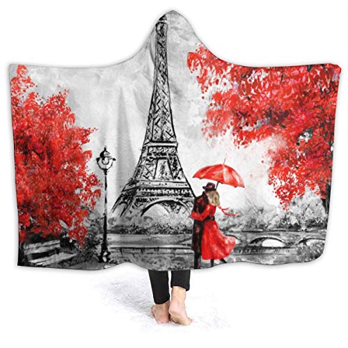 JASMODER Eiffel Tower Paris Love Couple Hoodie Blanket Wearable Throw Blankets for Couch Blanket Hooded for Baby Kids Men Women