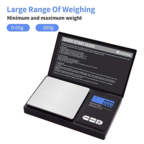 UNIWEIGH Gram Scale,200 gx0.01 g(7.05 oz x 0.001 oz) Digital Pocket Scale,Electronic Smart Weigh Scale,Portable Small Jewelry Scale Grams and Ounces,Mini Weed Scale with LCD Display,Tare