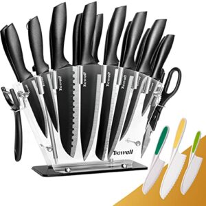 ticwell knife set, 23 pieces german stainless kitchen knife block sets include 3 pcs toddler kitchen accessories,black