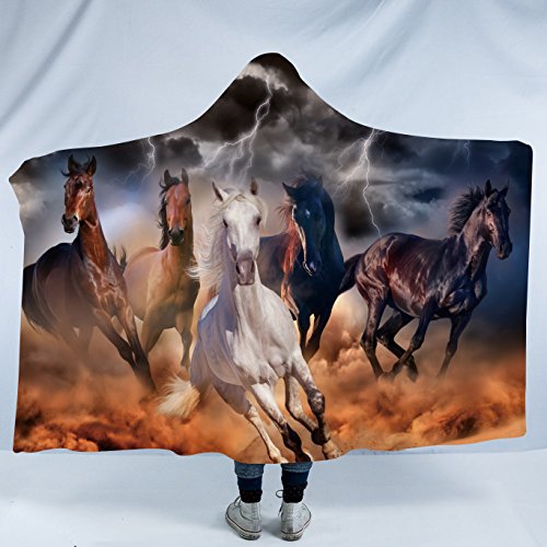 Sleepwish Galloping Horse Hooded Blanket Western Cowboy Sherpa Fleece Throw Hooded Blankets for Kids Adults (50"x 60")