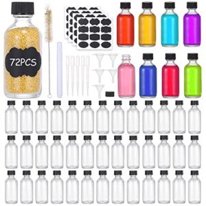 MMonDod (Pack of 72) 2oz Small Clear Glass Bottles(60ml) with Lids Boston Round Travel Bottles for Vanilla Hot Sauce Juice Whiskey Liquid come with 72 Labels,5 Funnels,5 Droppers,1 Brush&Chalk Marker