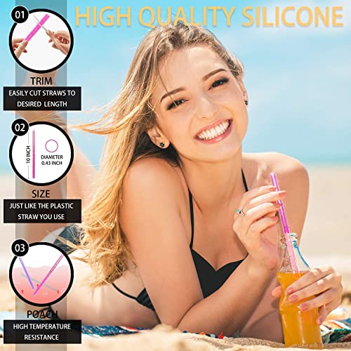 Reusable Silicone Drinking Straws, 12 Pcs Eco Friendly Silicone Straws 2 cleaning Brushes,for 30oz and 20oz Tumblers, Rtic,Yeti, Ozark, (Two-tone Dot, 10 inches)