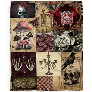retro collage gothic blanket gifts for girls boys, anxiety rose skull butterfly skeleton throw blanket for adults,soft lightweight flannel fleece mushroom blankets bedding for sofa bed 80x60in