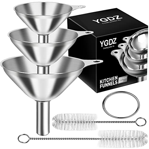 Kitchen Funnels for Filling Bottles, YGDZ 3pcs Small/Medium/Large Food Grade Stainless Steel Metal Kitchen Funnels Set for Essential Oil Spices Liquid, 2pcs Cleaning Brushes