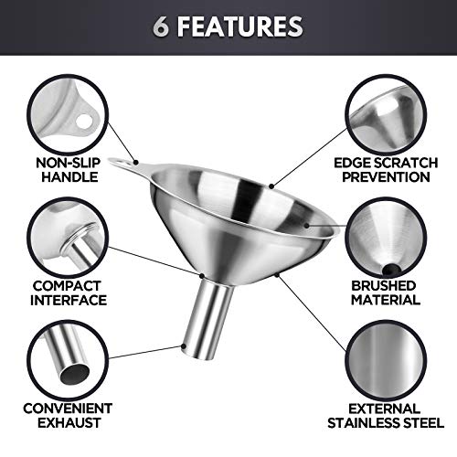 Kitchen Funnels for Filling Bottles, YGDZ 3pcs Small/Medium/Large Food Grade Stainless Steel Metal Kitchen Funnels Set for Essential Oil Spices Liquid, 2pcs Cleaning Brushes