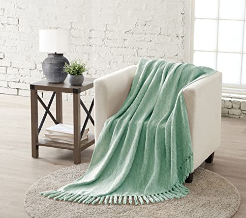 Tahari Home | James Collection | Green Solid Chenille Woven Fringe Throw, 50" x 60"