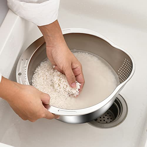 DOPMEP Rice Washing Bowl with Strainer - 4-in-1 Washer and Strainer Bowl for Quinoa, Stainless Steel Side Drainers Colander for Cleaning Fruits, Vegetables, and Beans - Versatile Kitchen Tool