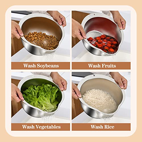 DOPMEP Rice Washing Bowl with Strainer - 4-in-1 Washer and Strainer Bowl for Quinoa, Stainless Steel Side Drainers Colander for Cleaning Fruits, Vegetables, and Beans - Versatile Kitchen Tool