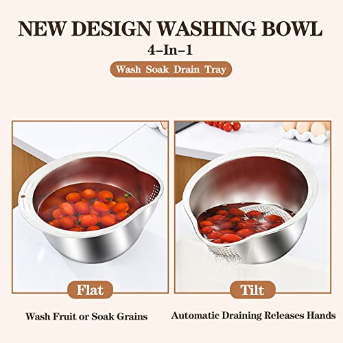 DOPMEP Rice Washing Bowl with Strainer - 4-in-1 Washer and Strainer Bowl for Quinoa, Stainless Steel Side Drainers Colander for Cleaning Fruits, Vegetables, and Beans - Versatile Kitchen Tool