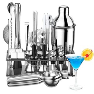 30-Piece Cocktail Shaker Set Stainless Steel Bartender Kit with Acrylic Stand & Cocktail Recipes Booklet, Bar Sets for Home, Professional Bar Tools for Drink Mixing, Party, Include 4 Whiskey Stones