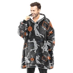 nzoohy sherpa blanket hoodie basketball sport pattern wearable blanket oversized hoodie blanket gift for adult women men teens, one size fits all