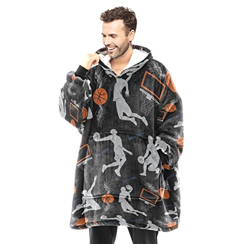 NZOOHY Sherpa Blanket Hoodie Basketball Sport Pattern Wearable Blanket Oversized Hoodie Blanket Gift for Adult Women Men Teens, One Size Fits All