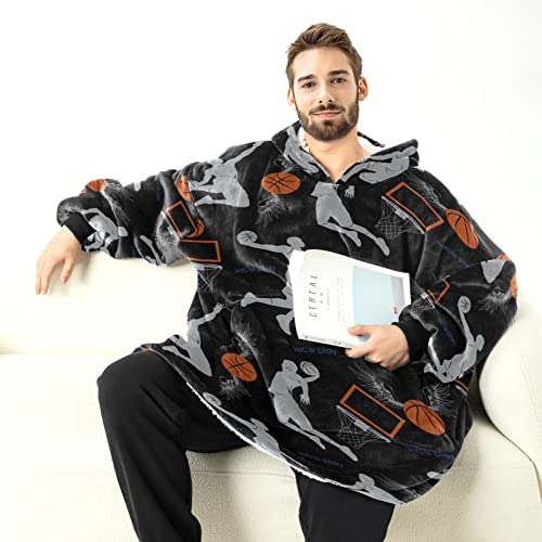 NZOOHY Sherpa Blanket Hoodie Basketball Sport Pattern Wearable Blanket Oversized Hoodie Blanket Gift for Adult Women Men Teens, One Size Fits All