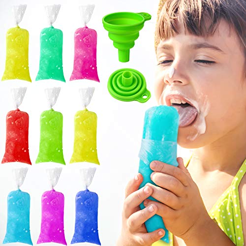 200 Pieces Kids Ice Lolly Bags 2 x 8 Inch Disposable Ice Cream Bags with Silicone Foldable Funnel, Mold Bags DIY Pouch for Making Ice Cream, Ice Candy, Yogurt, Freeze Pops