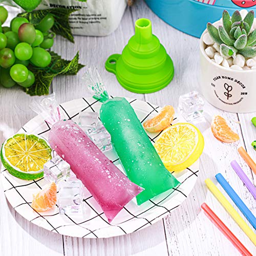 200 Pieces Kids Ice Lolly Bags 2 x 8 Inch Disposable Ice Cream Bags with Silicone Foldable Funnel, Mold Bags DIY Pouch for Making Ice Cream, Ice Candy, Yogurt, Freeze Pops