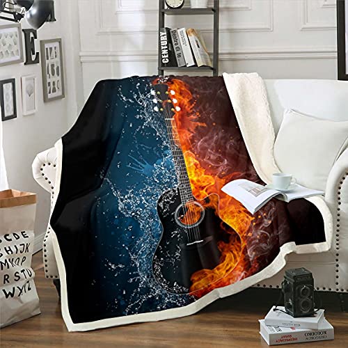 Guitar Fleece Throw Blanket 3D Print Music Themed Plush Blanket for Bed Sofa Couch Decor Modern Luxury Rock Musical Pattern Sherpa Blanket Youth Lightweight Soft Guitar Fuzzy Blanket Queen 90"x90"