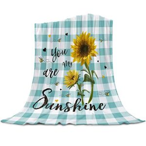 sunflower super soft cozy flannel fleece blanket- farmhouse sunflower and bees teal plaid lightweight comfy throw blanket for bed/couch/sofa/camping 40 x 60 inche