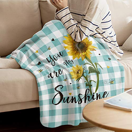 Sunflower Super Soft Cozy Flannel Fleece Blanket- Farmhouse Sunflower and Bees Teal Plaid Lightweight Comfy Throw Blanket for Bed/Couch/Sofa/Camping 40 x 60 Inche