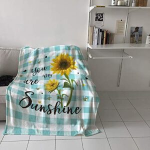 Sunflower Super Soft Cozy Flannel Fleece Blanket- Farmhouse Sunflower and Bees Teal Plaid Lightweight Comfy Throw Blanket for Bed/Couch/Sofa/Camping 40 x 60 Inche