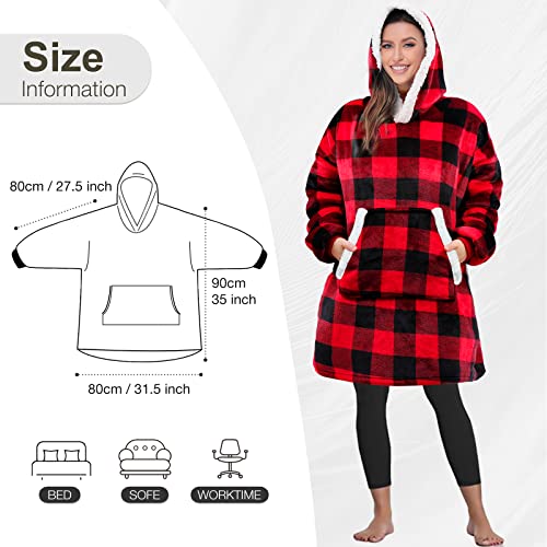 Dolloly Wearable Blanket Hoodie - Super Soft Cozy Unisex Sherpa Blanket, Oversized Sweatshirt Size with Pocket for Adult Women Men, Plaid Red, One Size