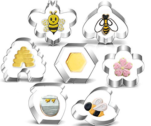 Bee Cookie Cutters Set-3 Inches-7 Piece-Bee, Beehive, Flower, Honeycomb and Honey Jar Stainless Steel Cookie Biscuit Cookie Cutters Molds for Honey Bee Party Decoration Favor