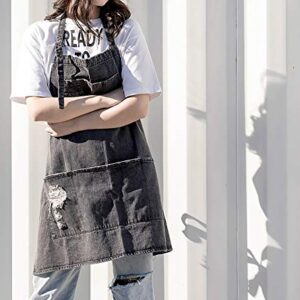 CACHIL Denim Bib Apron Adjustable Straps Cooking Apron Kitchen Apron With 5 Pockets for Coffee Chef Cooking Kitchens (Gray)