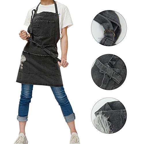 CACHIL Denim Bib Apron Adjustable Straps Cooking Apron Kitchen Apron With 5 Pockets for Coffee Chef Cooking Kitchens (Gray)