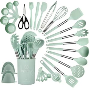 qmvess silicone kitchen utensil set, 28 pcs non-stick cooking utensils set with holder, tongs, spatula, whisk, measuring cups and spoons set with stainless steel handle kitchen gadgets (light green)