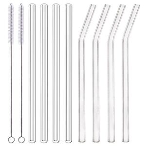 alink glass smoothie straws, 10" x 10 mm long reusable clear drinking straws, pack of 8 with 2 cleaning brush,