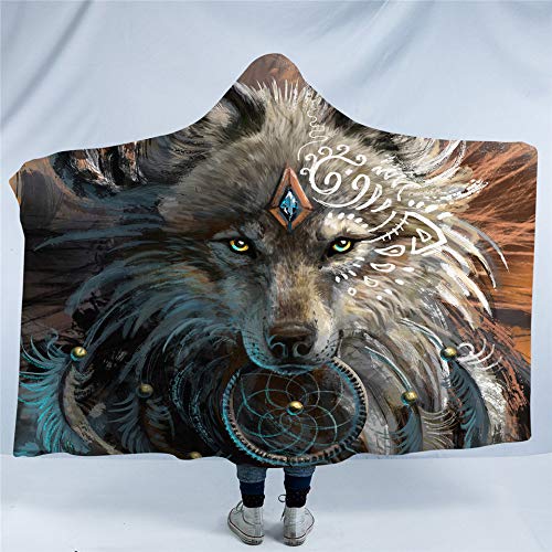 Wolf Warrior by SunimaArt Wolf Plush Wearable Hooded Blanket for Adult or Kids Sherpa Fleece Throw Animal Blanket with Hood (60"x 80")