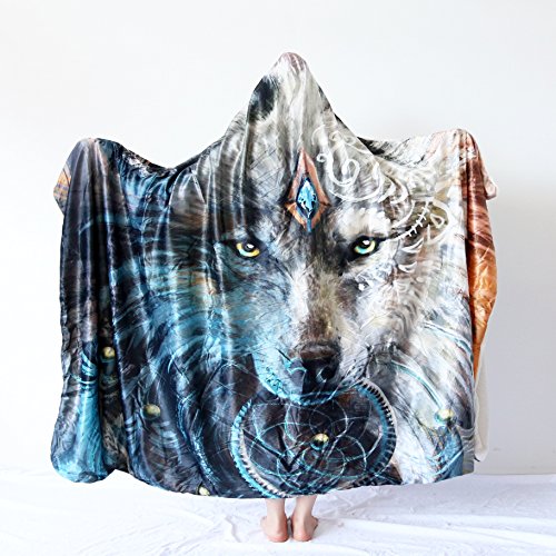 Wolf Warrior by SunimaArt Wolf Plush Wearable Hooded Blanket for Adult or Kids Sherpa Fleece Throw Animal Blanket with Hood (60"x 80")