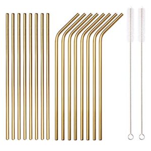 18 piece gold stainless steel straws, 8.5 '' reusable drinking straws,with portable pouch,suitable for wine and cold drinks (8 straight/8 bent/2 brushes)