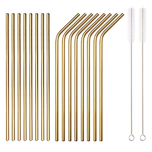 18 Piece Gold Stainless Steel Straws, 8.5 '' Reusable Drinking Straws,with Portable pouch,Suitable for wine and cold drinks (8 Straight/8 Bent/2 Brushes)