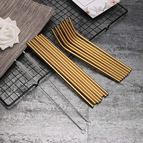 18 Piece Gold Stainless Steel Straws, 8.5 '' Reusable Drinking Straws,with Portable pouch,Suitable for wine and cold drinks (8 Straight/8 Bent/2 Brushes)