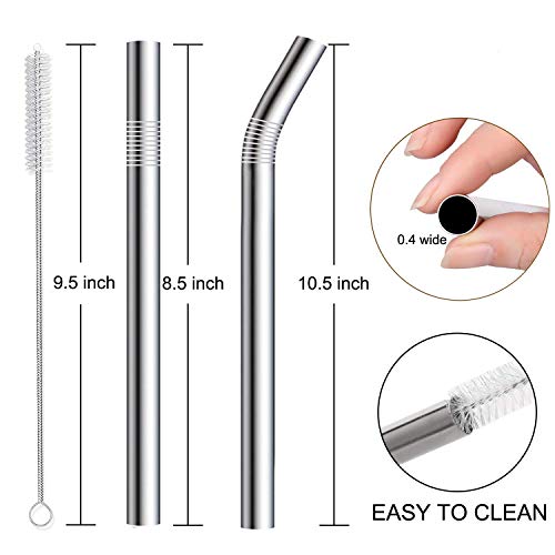 Vinaco Stainless Steel Smoothie Straws, 0.4'' Extra Wide Reusable Metal Drinking Straws for Milkshake, Smoothie, Beverage, Set of 4 with 1 Cleaning Brush