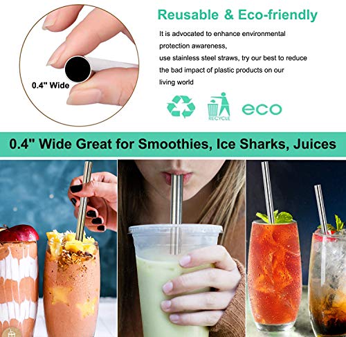 Vinaco Stainless Steel Smoothie Straws, 0.4'' Extra Wide Reusable Metal Drinking Straws for Milkshake, Smoothie, Beverage, Set of 4 with 1 Cleaning Brush