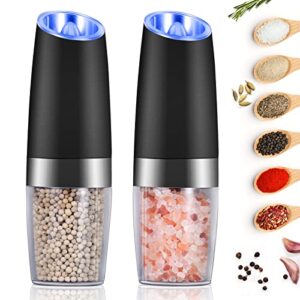 easycom gravity electric salt and pepper grinder set, battery powered with led light, adjustable coarseness, one hand automatic pepper mill grinder for kitchen and bbq, 2 pack, black