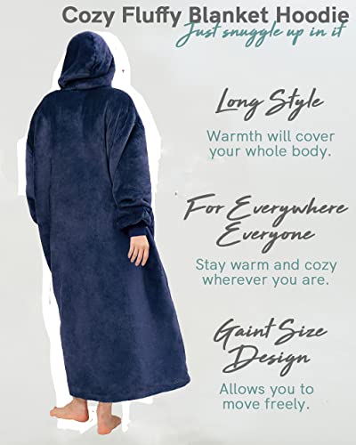 Somikia Upgraded Wearable Blanket Hoodie with Zipper,Oversized Giant Hooded Blanket with Pocket Sleeves Flannel Sherpa Soft Warm Cozy Fluffy Blanket for Teens Women Men Blue Long