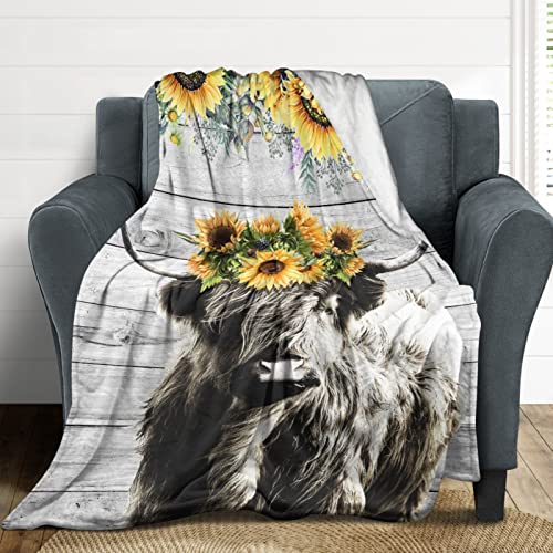 GRJIRAC Highland Cow Sunflower Throw Blanket for Home Living Room Decor,Plush Fuzzy Blanket Gifts for Women Men Kids Multicolor 50x60inch