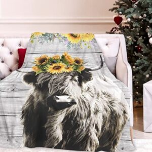 GRJIRAC Highland Cow Sunflower Throw Blanket for Home Living Room Decor,Plush Fuzzy Blanket Gifts for Women Men Kids Multicolor 50x60inch