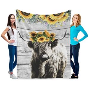 GRJIRAC Highland Cow Sunflower Throw Blanket for Home Living Room Decor,Plush Fuzzy Blanket Gifts for Women Men Kids Multicolor 50x60inch