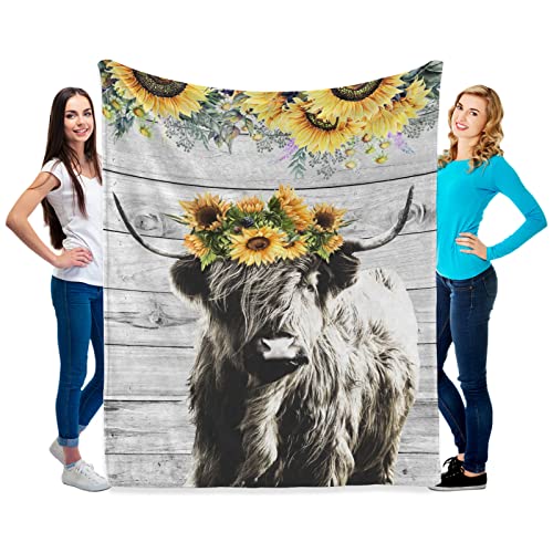 GRJIRAC Highland Cow Sunflower Throw Blanket for Home Living Room Decor,Plush Fuzzy Blanket Gifts for Women Men Kids Multicolor 50x60inch