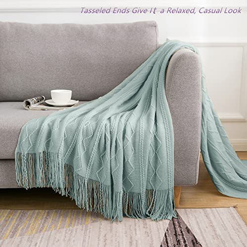 Jaimelavie Throw Blanket Knitted Decorative Blanket with Tassels, Throw Blanket for Couch, Bed, Living Room, Sofa and Chair, Soft Warm Travel Blanket for All Seasons, Aqua Green, 60“x80