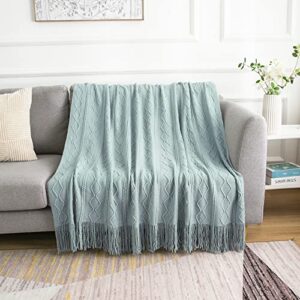 Jaimelavie Throw Blanket Knitted Decorative Blanket with Tassels, Throw Blanket for Couch, Bed, Living Room, Sofa and Chair, Soft Warm Travel Blanket for All Seasons, Aqua Green, 60“x80