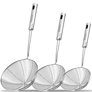 anaeat stainless steel spider strainer skimmer, set of 3 professional kitchen pasta strainer spoon with long handle - asian strainer ladle wire skimmer spoons for cooking and frying (4.5"+5.3"+6.1")